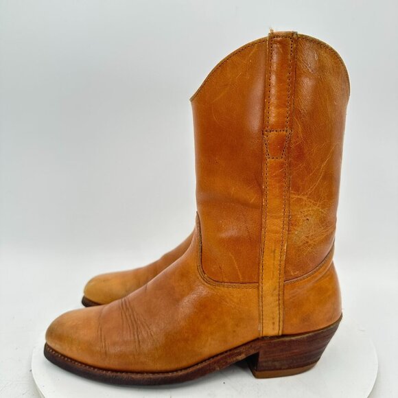 Double-H Women Size 7B Brown Tan Leather Pull On Low Heel Western Cowboy Boot - Picture 1 of 14